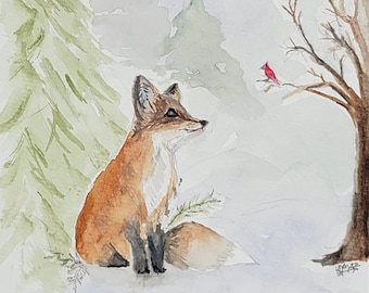 May include: A watercolor painting of a red fox sitting in a snowy forest. The fox is looking to the right, and there is a small red bird perched on a branch in the background.