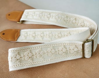 Universal Guitar Strap, Soft Cotton Guitar Strap, Beige Lace Guitar Strap, Bass Shoulder Strap, Guitar Lover Gift, Gift for Guitar Players