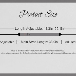 May include: Product size diagram with measurements in inches. The length is adjustable from 41.3 to 55.1 inches. The main strap length is 33.9 inches. The diagram also shows a 2-inch section and a 0.4-inch section.