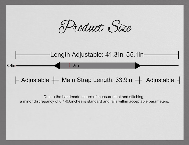May include: Product size diagram with measurements in inches. The length is adjustable from 41.3 to 55.1 inches. The main strap length is 33.9 inches. The diagram also shows a 2-inch section and a 0.4-inch section.