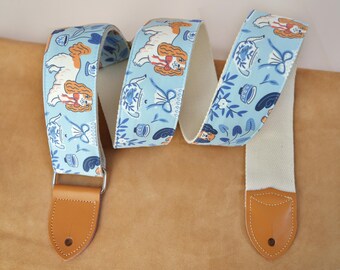 Cartoon Dogs Guitar Strap, Personalized Guitar Strap, Soft Velvet Strap, Guitar Accessory, Genuine Leather Tips Guitar Strap