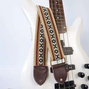 Light Brown Geometric Jacquard Guitar Strap, Cotton Webbing Guitar Strap, Woven Pattern Strap,Adjustable Acoustic Electric Bass Guitar Strap