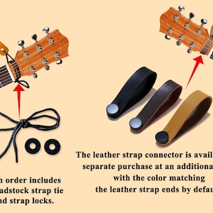 May include: Image shows guitar headstocks with strap connectors. Included are a headstock strap tie, strap locks, and leather strap connectors in black, brown, and tan. Text states the leather strap connector is available for separate purchase.