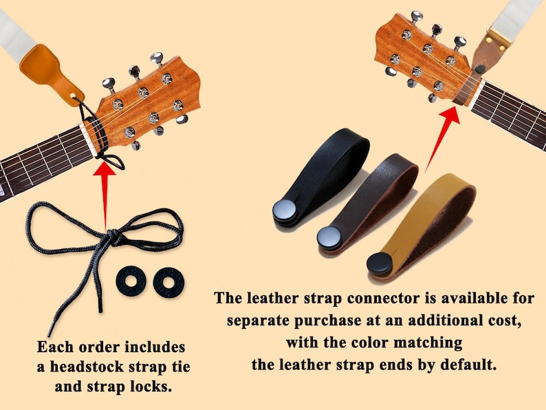 May include: Image shows guitar headstocks with strap connectors. Included are a headstock strap tie, strap locks, and leather strap connectors in black, brown, and tan. Text states the leather strap connector is available for separate purchase.