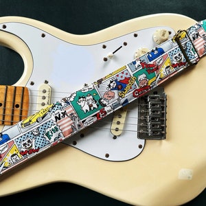 Cartoon Cat gitaarband, handgemaakte gitaarband, zachte katoenen gitaarband, cadeau voor muziekliefhebbers, geschikt voor gitaar en bas