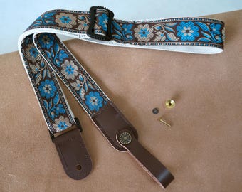 Embroidered Blue Floral Ukulele Strap, Vintage Style Ukulele Strap, Handcrafted Instrument Strap,Unique Ukulele Strap,Gift for Ukulele Lover