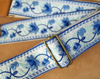 Blue Embroidered Floral Guitar Strap, Universal Strap for Guitar and Bass, Adjustable Shoulder Strap, Instrument Strap, Gift for Guitarist