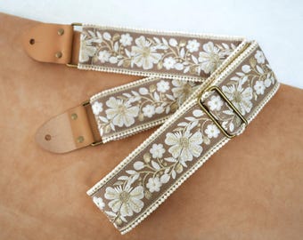 White And Gold Floral Embroidered Guitar Strap with Leather Ends, Custom Strap for Acoustic & Electric Guitar, Unique Gift for Guitar Player
