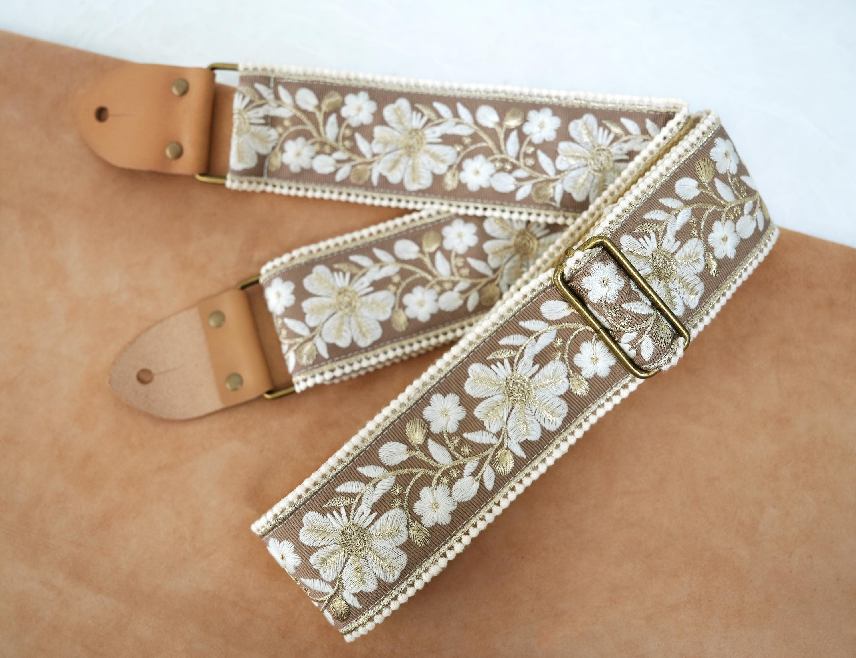 White and Gold Floral Embroidered Guitar Strap With Leather  display picture 1