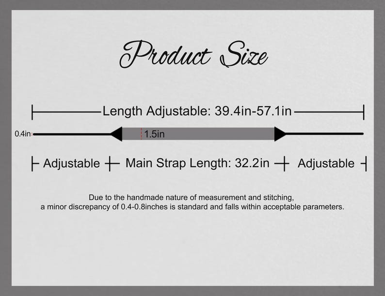 May include: Diagram showing the adjustable length of a strap. The strap is adjustable from 39.4 inches to 57.1 inches. The main strap length is 32.2 inches. The diagram shows that the strap is adjustable by 0.4 inches on each end.