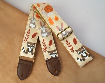 Correa de guitarra con animales adorables, correa de guitarra personalizada con nombre, correa de guitarra de tela de diseñador, regalo para guitarrista, regalo musical