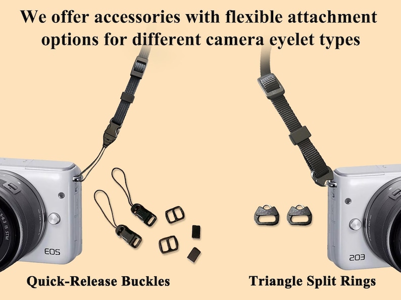 May include: Two camera straps with different attachment options. The strap on the left has quick-release buckles. The strap on the right has triangle split rings.  "We offer accessories with flexible attachment options for different camera eyelet types" text is at the top of the image.