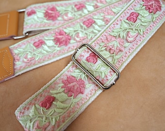 Stylish Pink and Green Embroidered Guitar Strap with Name, Personalized Musician Gift, Birthday Gift For Her, Lively Spring Vibe For Guitar