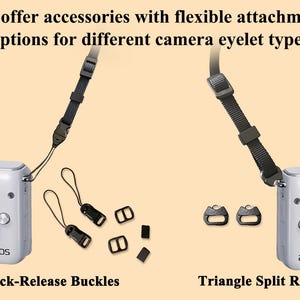 May include: Image shows camera accessories, including quick-release buckles and triangle split rings, with the text "We offer accessories with flexible attachment options for different camera eyelet types." Two cameras are shown with attached straps.