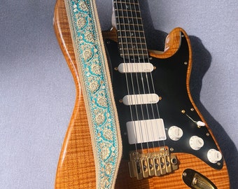 Vintage Look Guitar Strap, Embroidered Guitar Accessories, Handcrafted Bass Strap, Universal Guitar Shoulder Strap, Guitarist Gift Idea