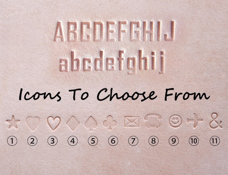 May include: A close-up of a light brown leather surface with stamped uppercase and lowercase letters. The text "Icons To Choose From" is written below the letters. Eleven icons, including a star, heart, and smiley face, are displayed below the text.