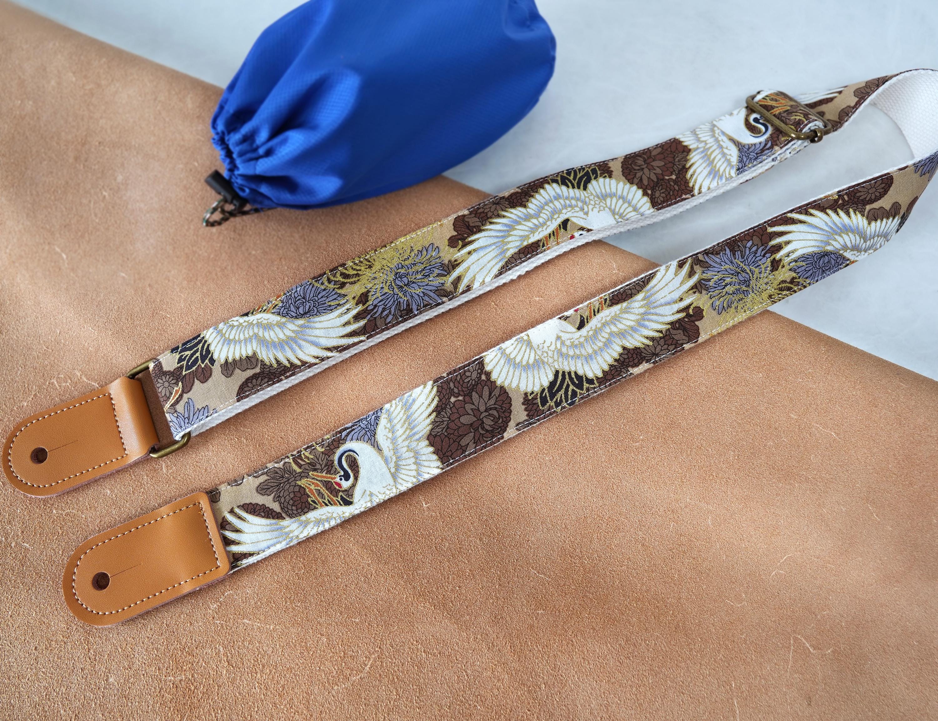 Crane Pattern Ukulele Strap, Handcrafted Instrument Strap with Genuine Leather Tips, Japanese Style Ukulele Strap, Gift for Ukulele Lover