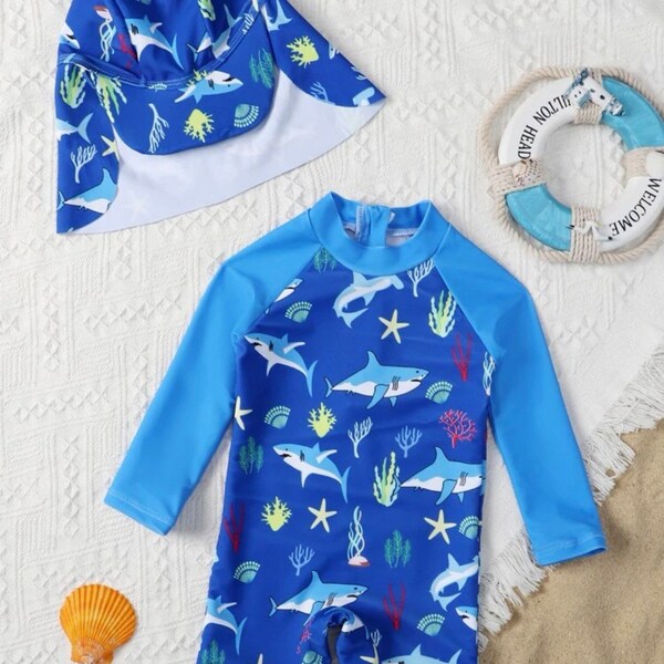 Baby boy swimsuit with matching hat