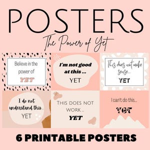 The Power of Yet Posters (set of 6), Modern Boho, Growth Mindset, Elementary Classroom, High School, Decor, Office Decor, Counselor, Therapy