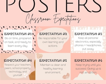 Op de afbeelding: Zes printbare klasverwachtingsplakaten met een roze en witte achtergrond. De posters zijn genummerd van 1 tot 6 en elke poster heeft een andere verwachting erop vermeld. De verwachtingen zijn: Wees op tijd, voorbereid, aan de taak en klaar om elke dag te leren. Wees verantwoordelijk voor je eigen leren en je acties. Bewaar alle persoonlijke elektronica, vooral telefoons en koptelefoons, weg. Respecteer je leraren, je leeftijdsgenoten, schoolbezit, technologie en jezelf. Handhaaf een schone en gezonde leeromgeving. Blijf proberen totdat je slaagt. Opgeven is geen optie.