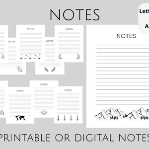 Puede incluir: Páginas de notas imprimibles o digitales con una variedad de ilustraciones con temática de naturaleza, que incluyen montañas, árboles, un oso, un barco, un mapa del mundo y astas. Las páginas están etiquetadas como "NOTES" y están disponibles en tamaños carta y A4.