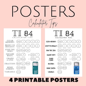 Könnte beinhalten: Zwei druckbare Poster mit Taschenrechnertipps für den TI-84 Grafikrechner. Die Poster sind schwarzweiß mit einem blaugrünen Taschenrechnerbild auf jedem Poster. Die Poster enthalten Anweisungen zum Löschen des Speichers, Zurücksetzen auf die Standardeinstellungen, Finden der Nullstelle, Quadratwurzel, Zeichnen einer Geraden, Brüche, Startbildschirm und Variablen.