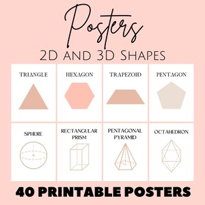 Puede incluir: Un conjunto de carteles imprimibles con ilustraciones de formas 2D y 3D. Los carteles incluyen un triángulo, un hexágono, un trapecio, un pentágono, una esfera, un prisma rectangular, una pirámide pentagonal y un octaedro. El texto "40 Carteles Imprimibles" está en la parte inferior de la imagen.