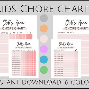 EDITABLE Kids Chore Chart | Responsibility Chart | School Chart | Kids Schedule | Multiple Kids | Daily or Weekly Chores | Includes 6 colors