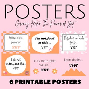 The Power of Yet Posters, Groovy Retro, Growth Mindset, Elementary Classroom, High School, Decor, Office Decor, Counselor, Therapy