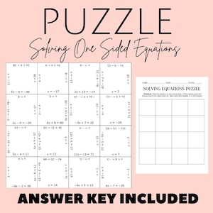 Solving One-Sided Equations Puzzle | Pre-Algebra Puzzle, Algebra I, Algebra II, Algebra Puzzle, Math Puzzle, Solving Equations Puzzle