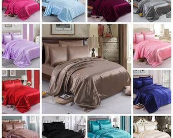 Satin Silk Complete Bedding Set-6PCS. Fitted sheet, duvet cover, 4 Pillow Cases