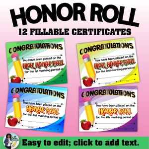 Digital, Instant Download, Fill and Print,  Honor Roll, Templates, School Certificates, Awards