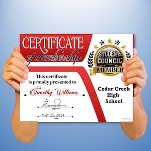 May include: A red and white certificate of membership for the Student Council at Cedar Creek High School. The certificate is presented to Timothy Williams on May 25, 2024.