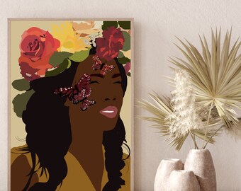 Black Woman Art, Black Girl Art, African American Art, Modern Wall Art, Flower Wall Art, Boho Wall Art