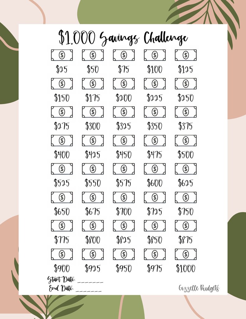 1,000 Savings Challenge Printable I PDF Instant Download I Savings ...