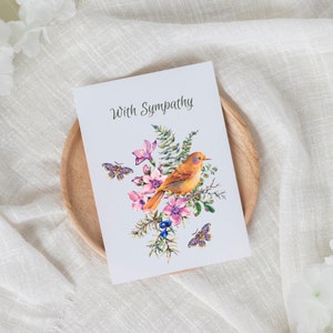 Sympathy Card For Loss of Mother Watercolor Bird Butterfly Floral Blank Handmade Condolence Card For Her Bereavement Card For Loss of Father