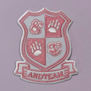 May include: A white and pink embroidered patch featuring a shield design. The shield is divided into four sections, each with a different design. The top left section has a swirl design, the top right section has a paw print, the bottom left section has a paw print, and the bottom right section has a swirl design. The shield is surrounded by a pink border and a white banner with the text "AND TEAM" in pink.