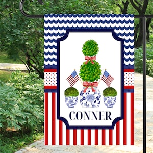 Preppy Patriotic Chinoiserie Ginger Jar Garden Flag | Personalized Topiary Yard Banner | Custom Outdoor Yard Decor | USA American House Flag