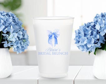 Personalized Blue Bow Bridal Shower Frosted Cups: 16oz Engagement Cocktail Party Beverage Drinkware