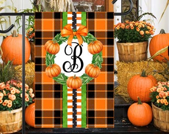 Personalized Monogram Initial Pumpkin Wreath Garden Flag: Fall House Flag Outdoor Decor