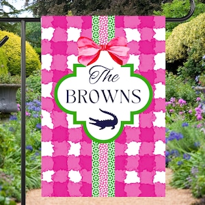 Personalized Hot Pink Gingham Garden Flag: Family Name Street Address House Flag Outdoor Decor