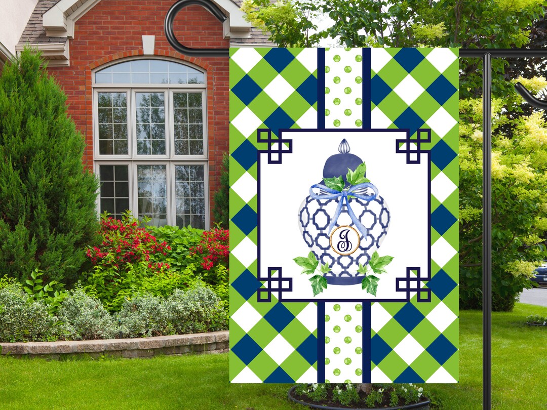 Preppy Monogram Chinoiserie Ginger Jar Garden Flag Personalized Gingham