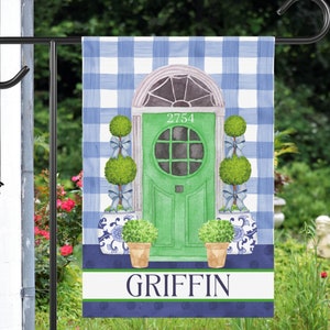 Preppy Chinoiserie Green Front Door Garden Flag | Personalized Ginger Jar Yard Banner | Custom Outdoor Home Decor | Topiary House Flag