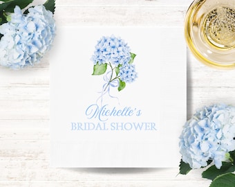 Personalized Blue Hydrangea Bridal Shower Paper Napkins: Floral Engagement Bridesmaids Cocktail Party Decor