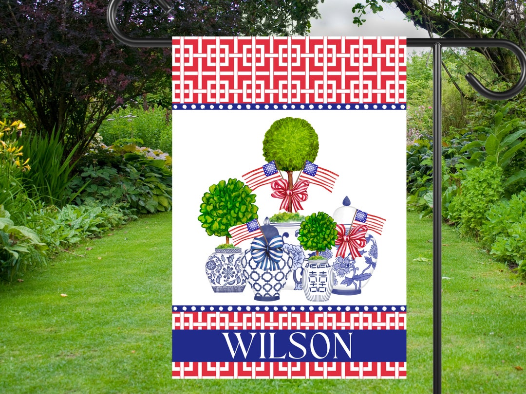 Preppy Patriotic Chinoiserie Ginger Jar Garden Flag Etsy