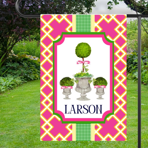 Preppy Topiary Garden Flag | Personalized Potted Plants House Flag | Custom Outdoor Home Decor | Pink Yard Art Accent | Welcome Flag