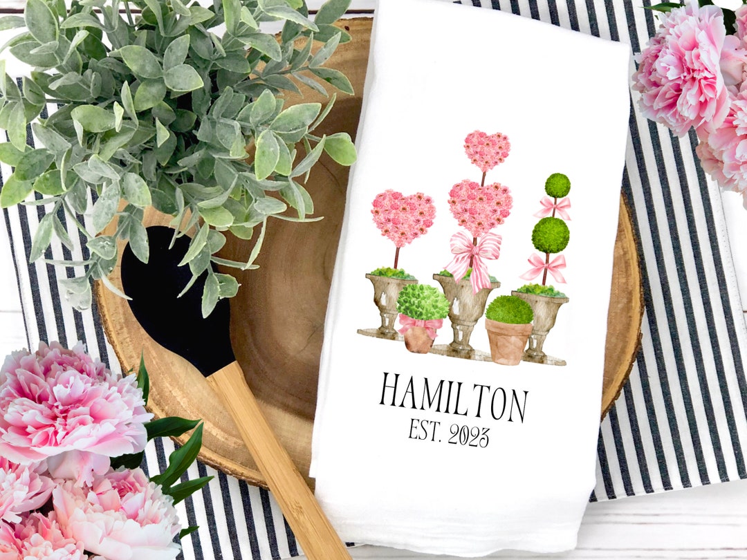 Preppy Valentine's Day Heart Topiary Tea Towel Personalized Pink Floral ...