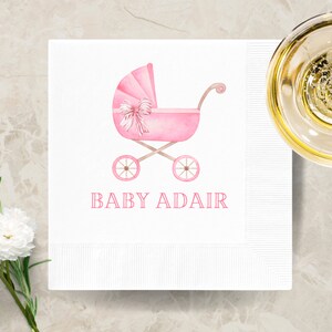 Preppy Pink Baby Carriage Cocktail Napkins | Personalized Baby Shower Napkins | Custom Tabletop Decor | Baby Girl Luncheon Beverage Napkins
