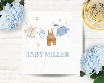 Personalized Nautical Clothesline Baby Shower Cocktail Napkins: Baby Boy Party Decor