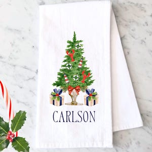 Personalized Lobster Christmas Tree Tea Towel: Nautical Coastal Kitchen Decor Holiday Dishcloth